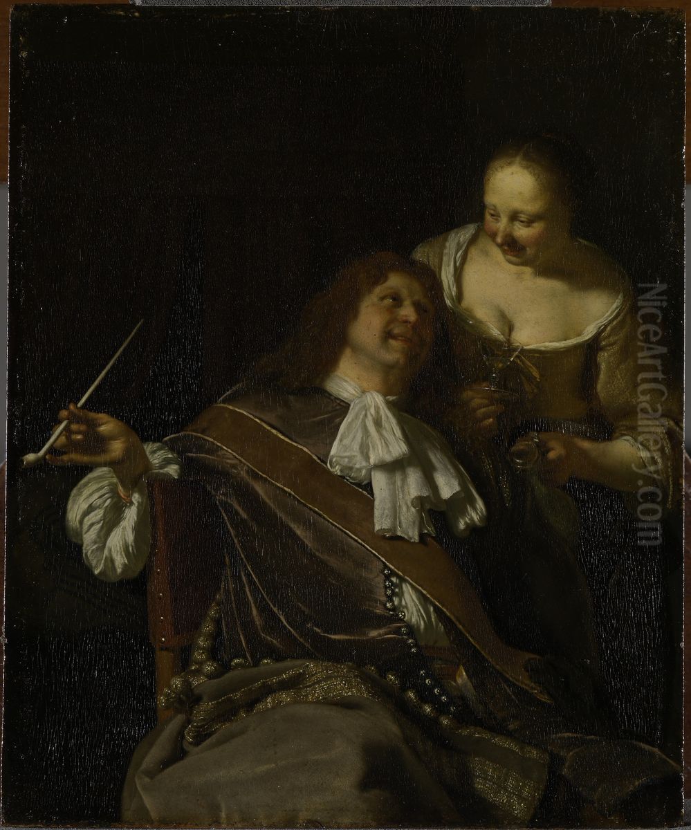 A Man Smoking, and a Woman Oil Painting by Frans van Mieris