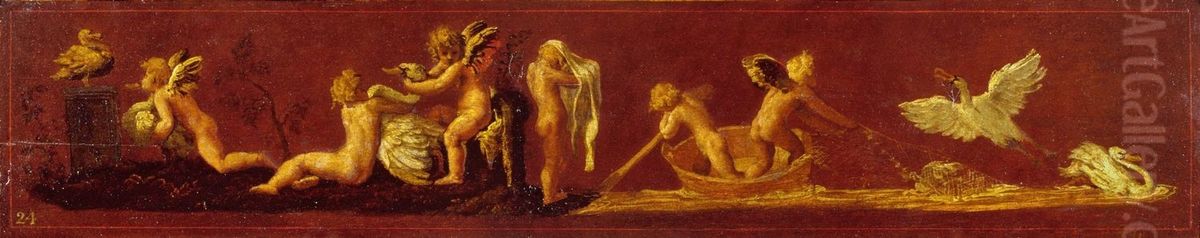 Cupids with Swans Oil Painting by Polidoro Da Caravaggio (Caldara)