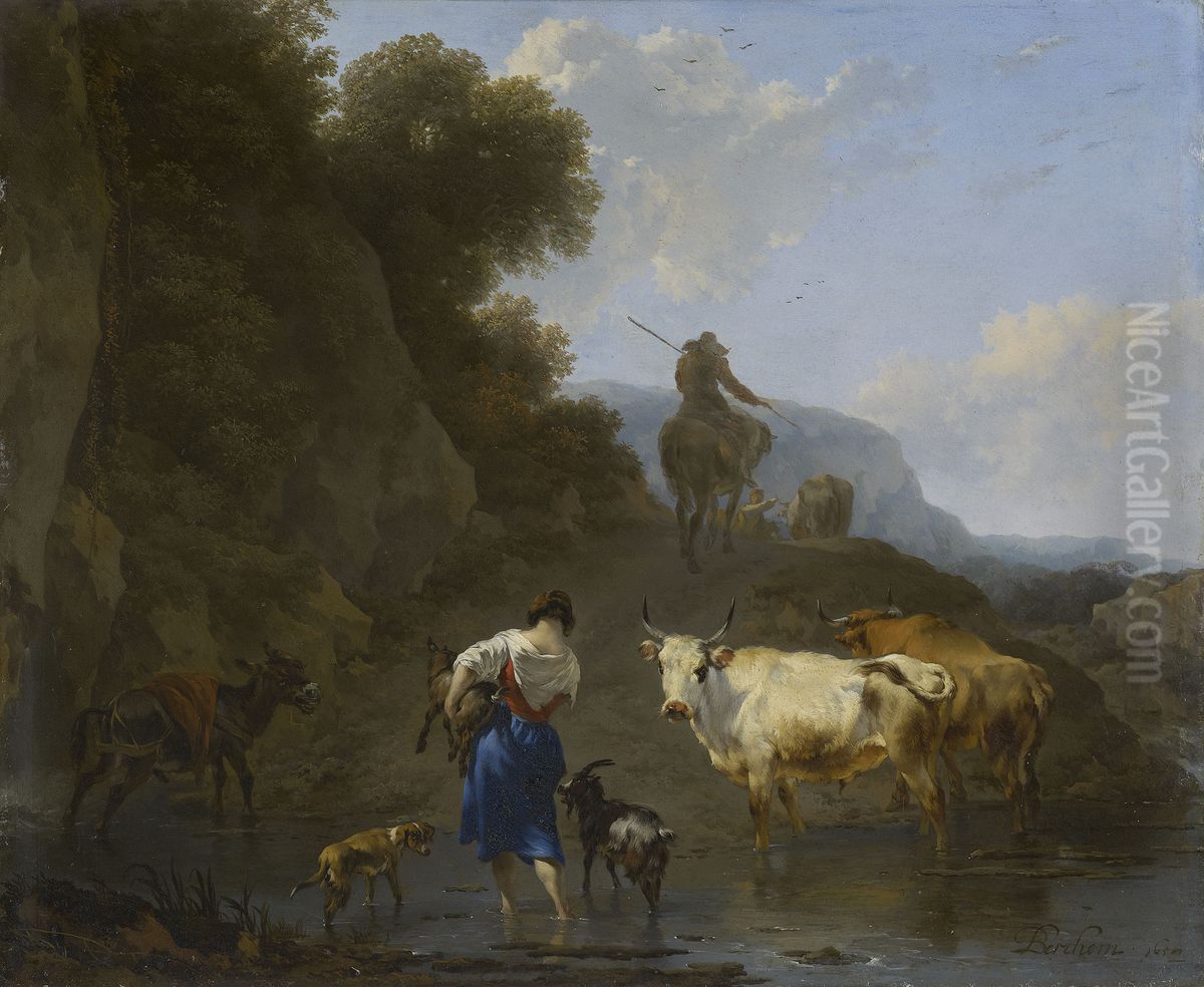 A Shepherdess Carrying a Kid across a Ford Oil Painting by Nicolaes Pieterszoon Berchem