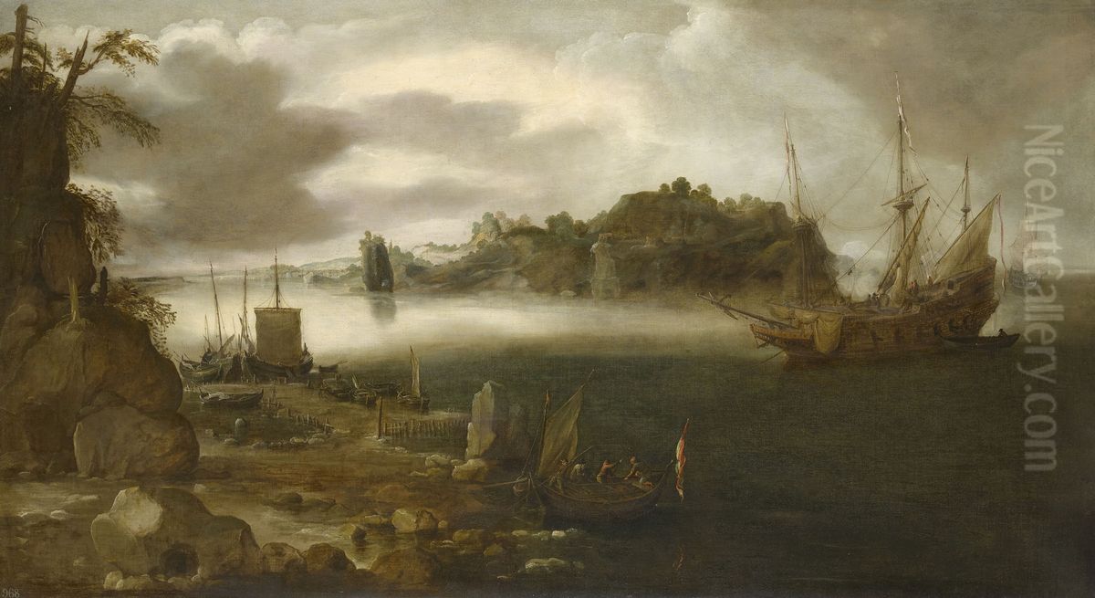 A View of a Bay with Shipping Oil Painting by Jan Porcellis