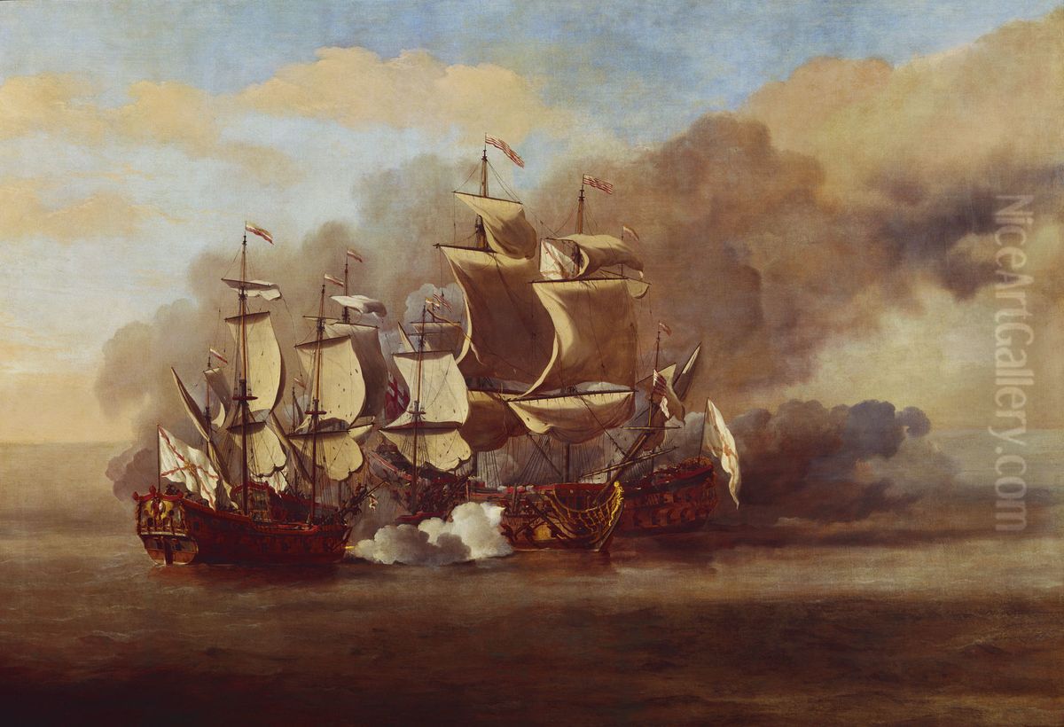 An English Indiaman Attacked by Three Spanish Privateers Oil Painting by Willem van de Velde the Younger