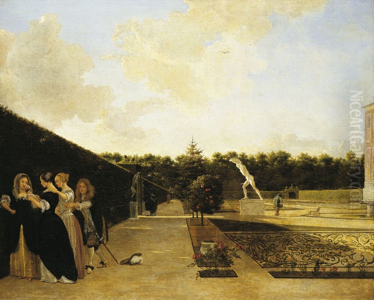 three Ladies surprised by a Gentleman Oil Painting by Ludolf de Jongh