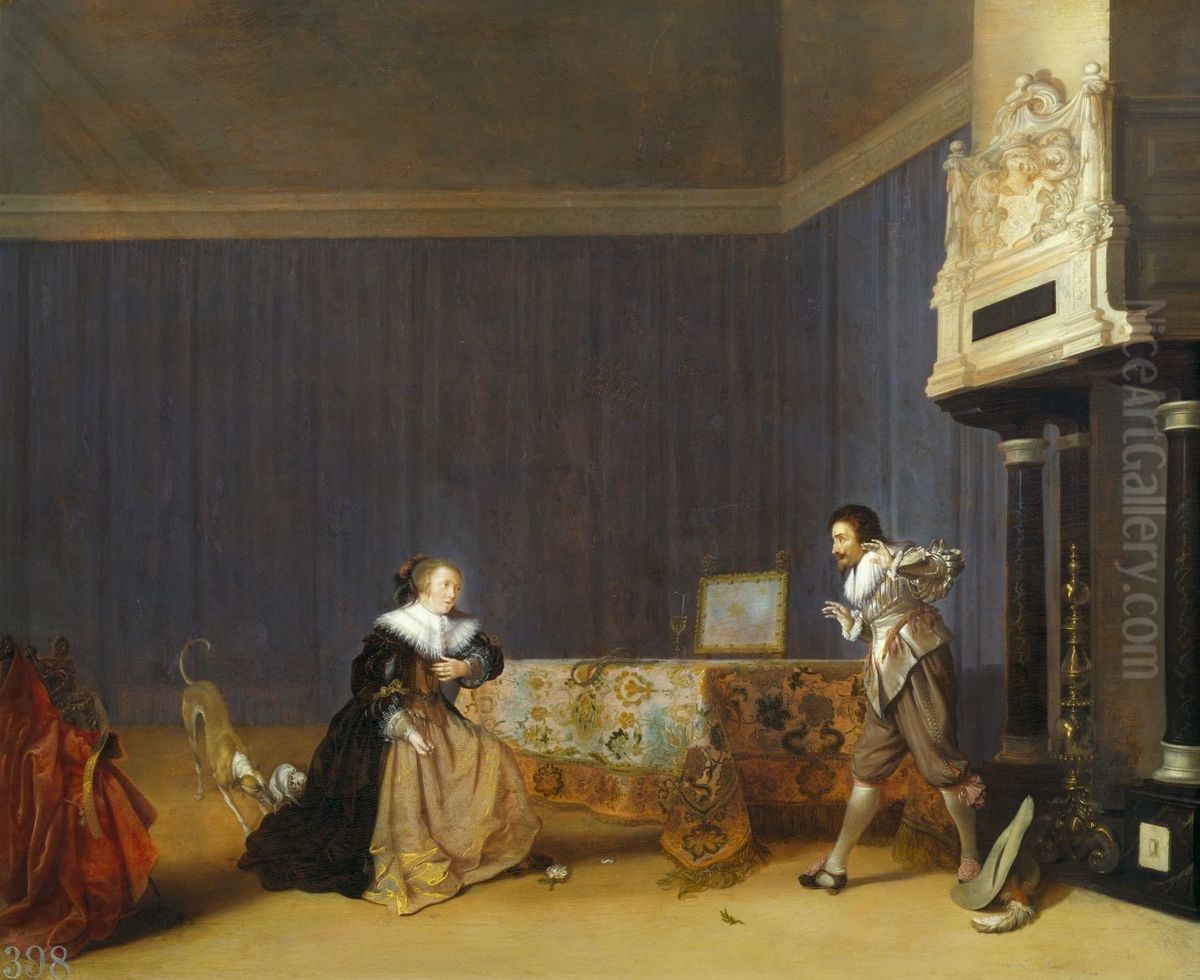 Lady and Gentleman in an Interior, 'A startling Introduction' Oil Painting by Hendrik Gerritsz Pot