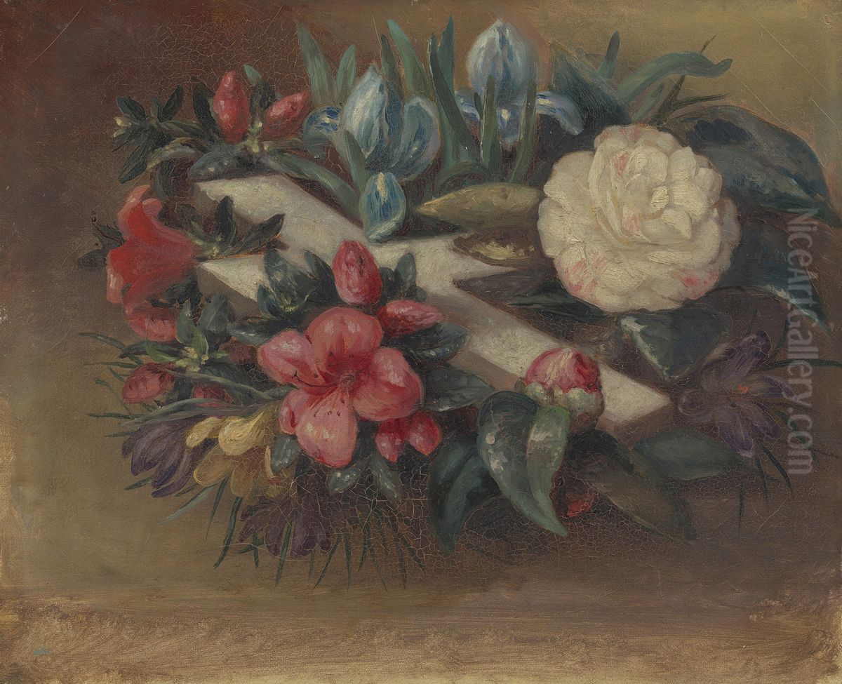 A Cross and Flowers Oil Painting by Victoria, Princess Royal