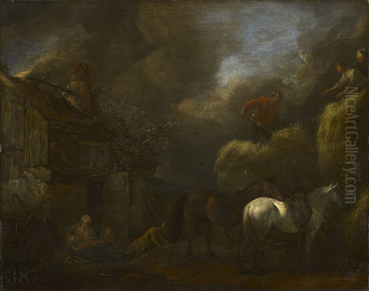 Stacking a Hayrick under a Stormy Sky Oil Painting by Philips Wouwerman