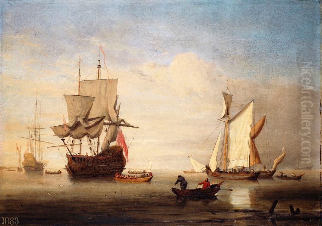 an English Three-Decker Drying Sails with two Galliots near her Oil Painting by Willem van de Velde the Younger