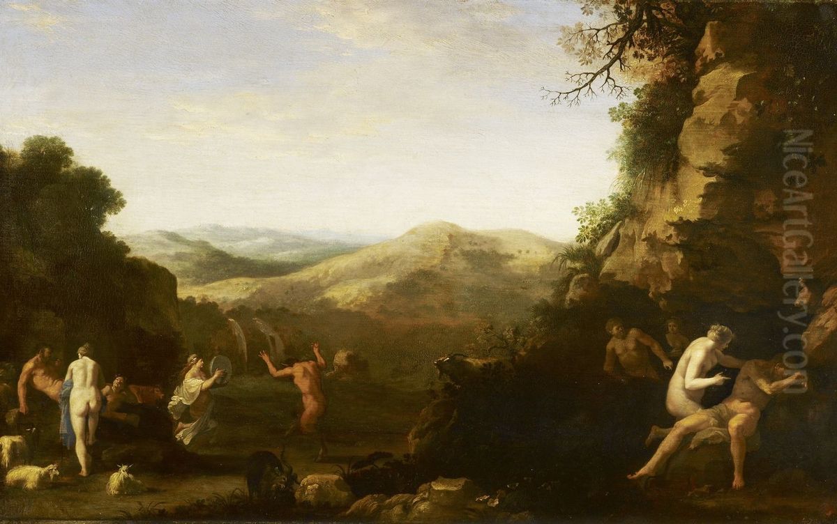 Nymphs and Satyrs in a Hilly Landscape Oil Painting by Cornelius van Poelenburgh