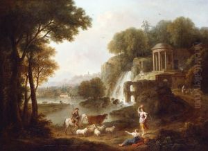 Landscape with a Temple and Cascade, Figures and Cattle
