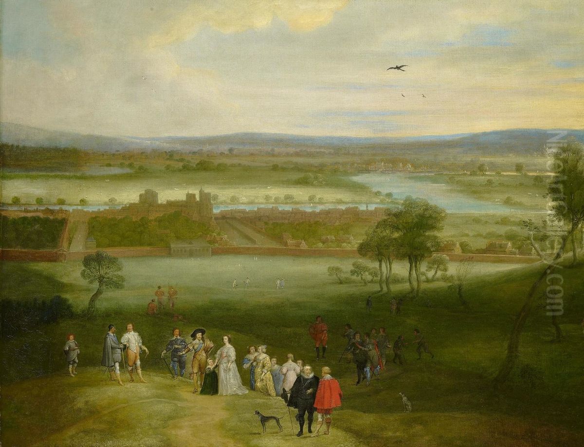 A View of Greenwich with Charles I and Henrietta Maria among a group of courtiers Oil Painting by Adriaen Van Stalbemt