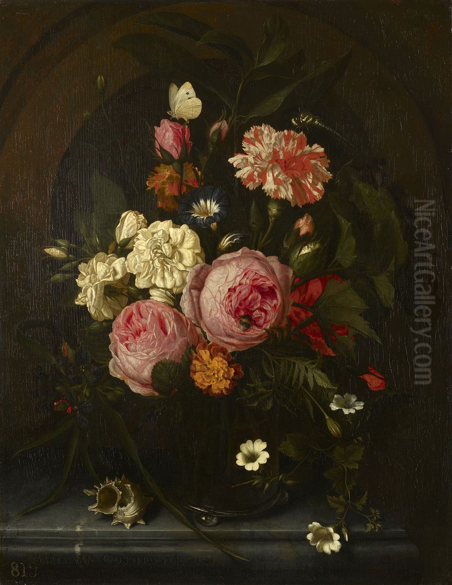 Still Life with Flowers, Insects and a Shell Oil Painting by Maria van Oosterwijck