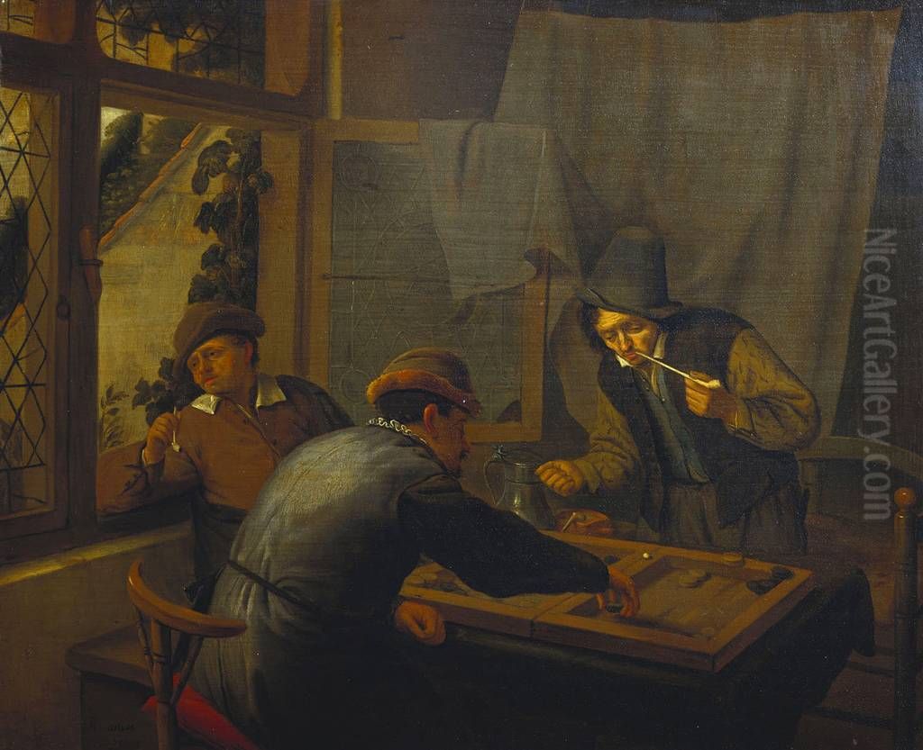 Three Backgammon Players in an Interior Oil Painting by Adriaen van Ostade