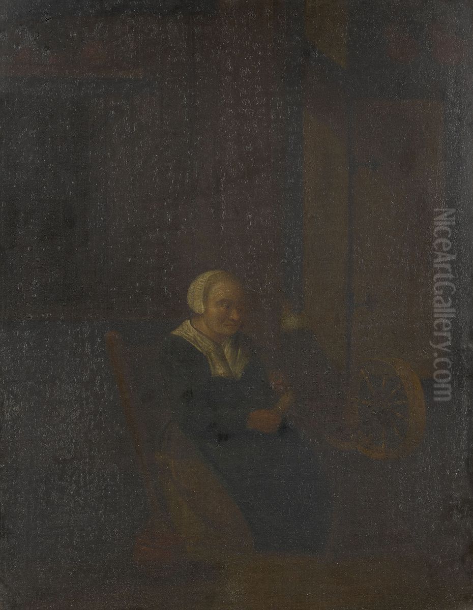 A Woman Spinning Oil Painting by Gerrit Dou
