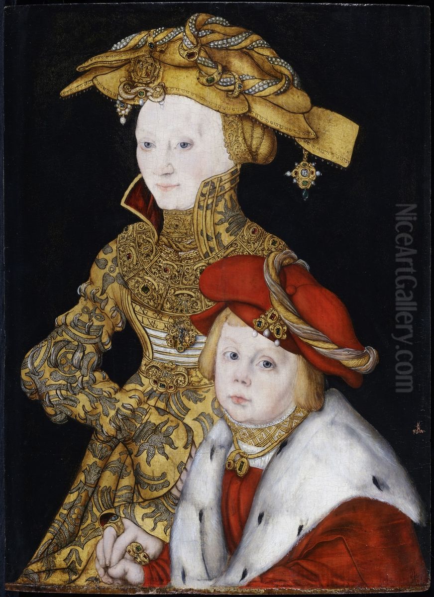 Portrait of a Lady and her Son Oil Painting by Lucas Cranach the Elderand workshop
