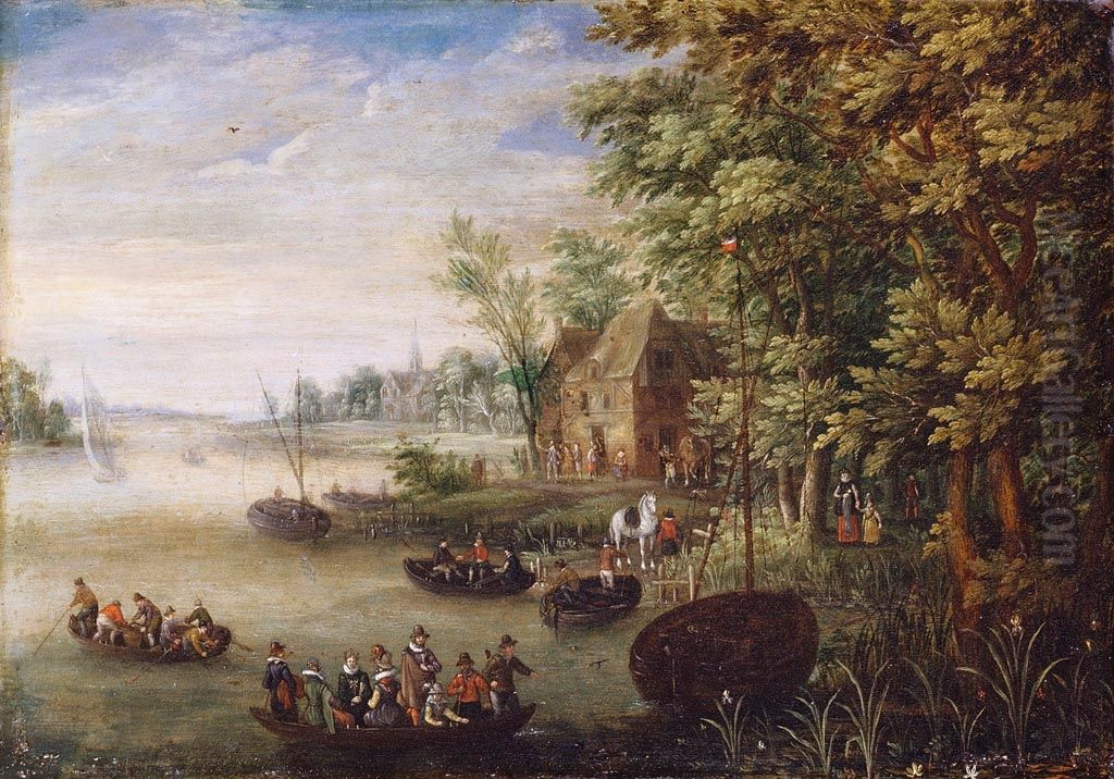 A River Scene with Figures Oil Painting by Jan Brughel