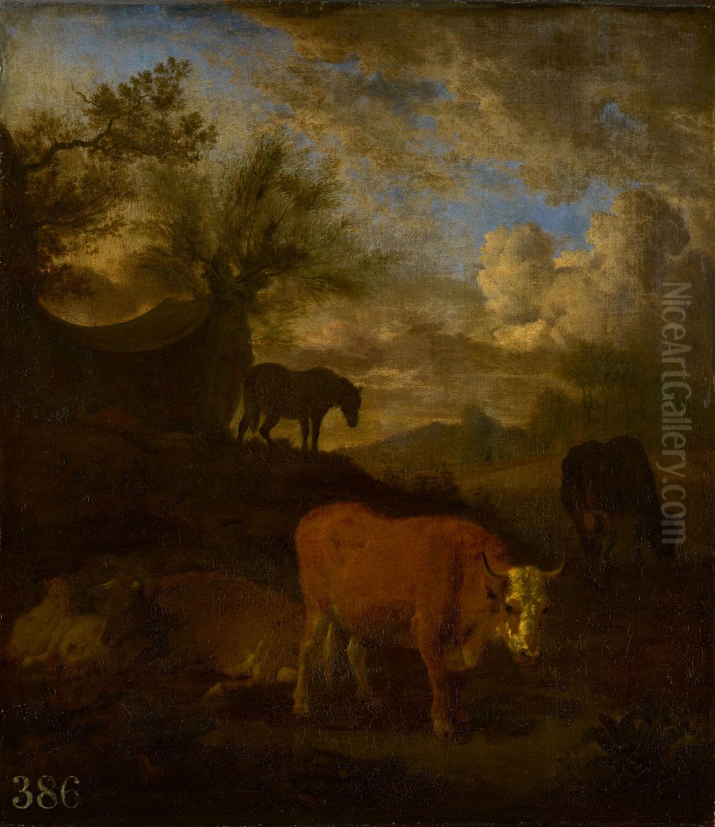Cattle, a Horse and a Sleeping Herdsman Oil Painting by Adriaen Van De Velde