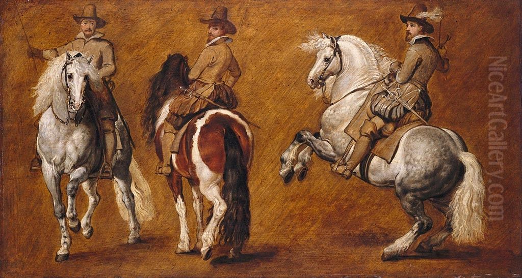 A Study of Horsemen in Three Positions Oil Painting by (studio of) Rubens, Peter Paul