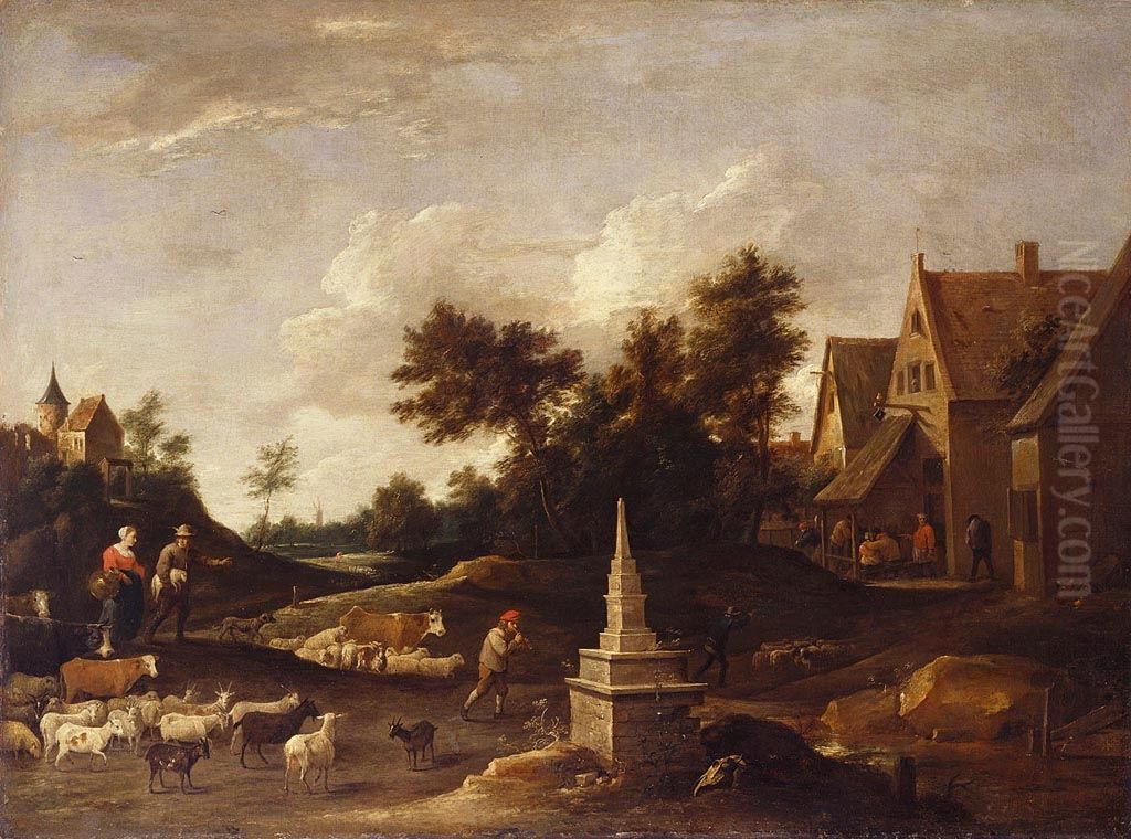 Shepherds with their Flocks Approaching a Tavern Oil Painting by David Teniers the Younger