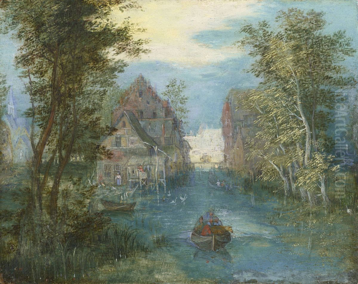 Landscape with a Village and a Canal Oil Painting by Jan Brughel
