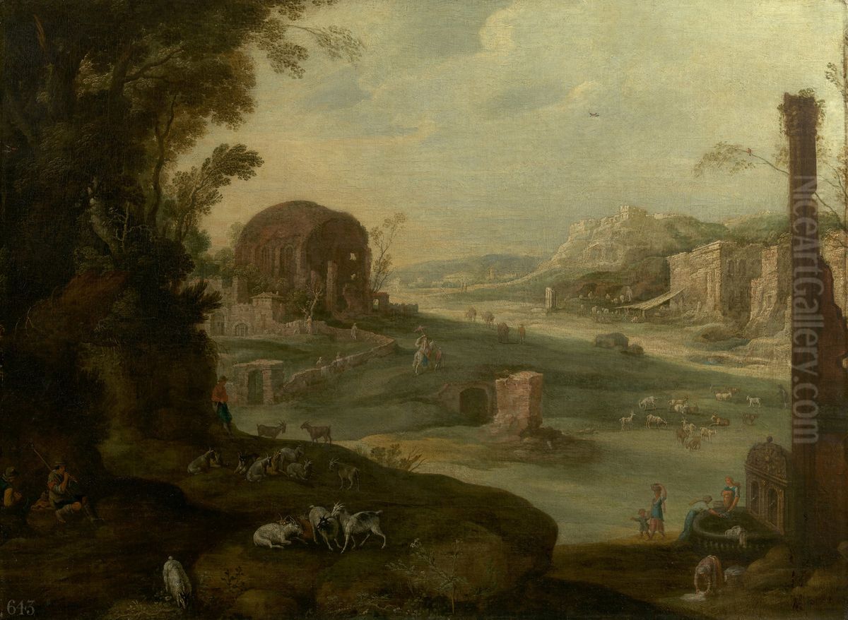 An Italianate Landscape with Ruins, Goatherds and their Flocks Oil Painting by Paul Bril