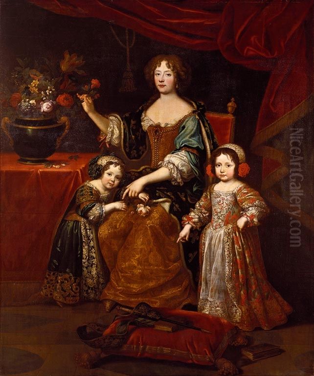 Elizabeth Charlotte, Princess Palatine, Duchess of Orleans, with her son Philippe, later Regent of France, and daughter, Elizabeth, later Duchess of Lorraine Oil Painting by Pierre Mignard I