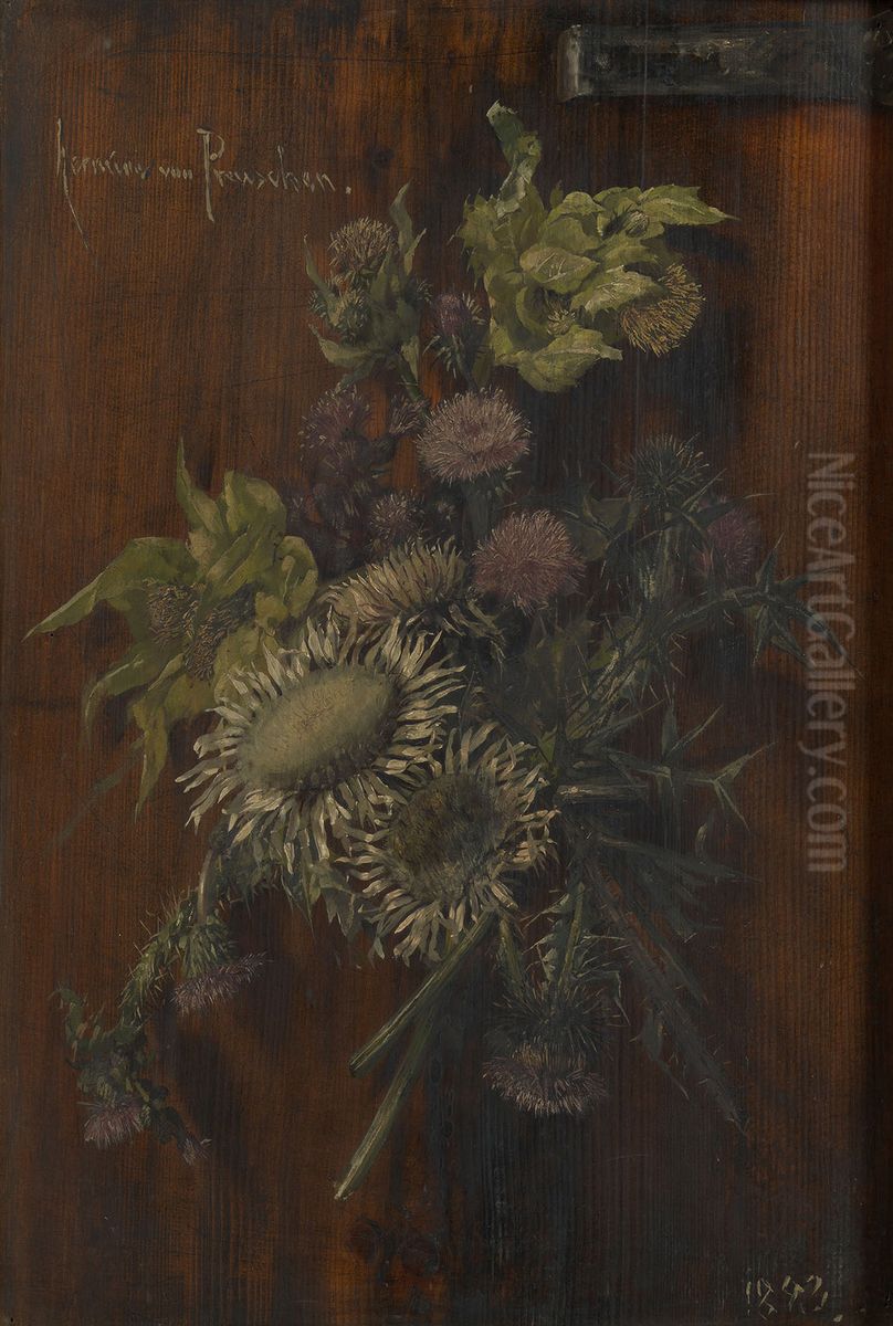 A Trompe l'Oeil with Flowers Oil Painting by Hermione von Preuschen