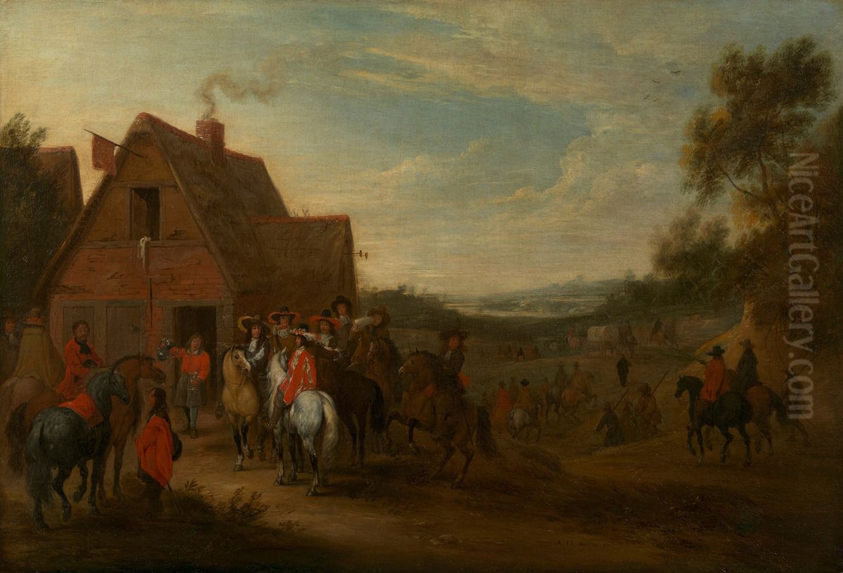 Louis XIV and his Suite Halting at an Inn Door Oil Painting by Adam Frans van der Meulen