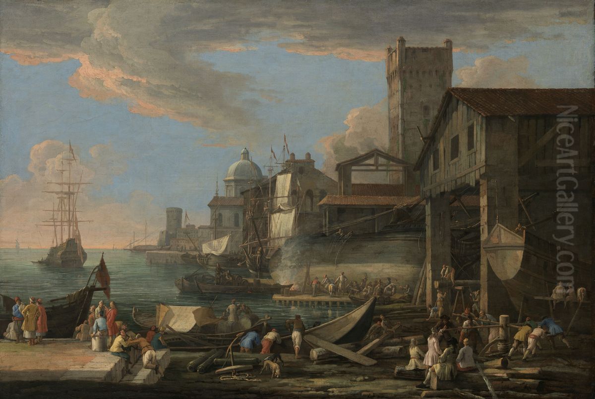 A Capriccio View with a Shipyard Oil Painting by Luca Carlevarijs