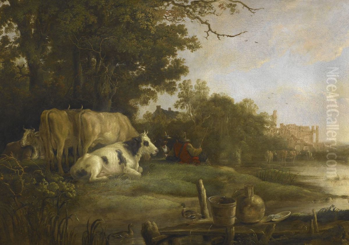 Cows in a Pasture beside a River before the Ruins of the Abbey of Rijnsburg Oil Painting by Aelbert Cuyp