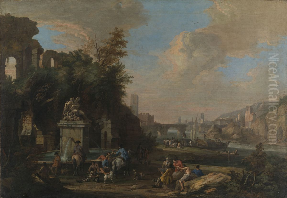 A Caprice Landscape with a Fountain and an Artist Sketching Oil Painting by Luca Carlevarijs
