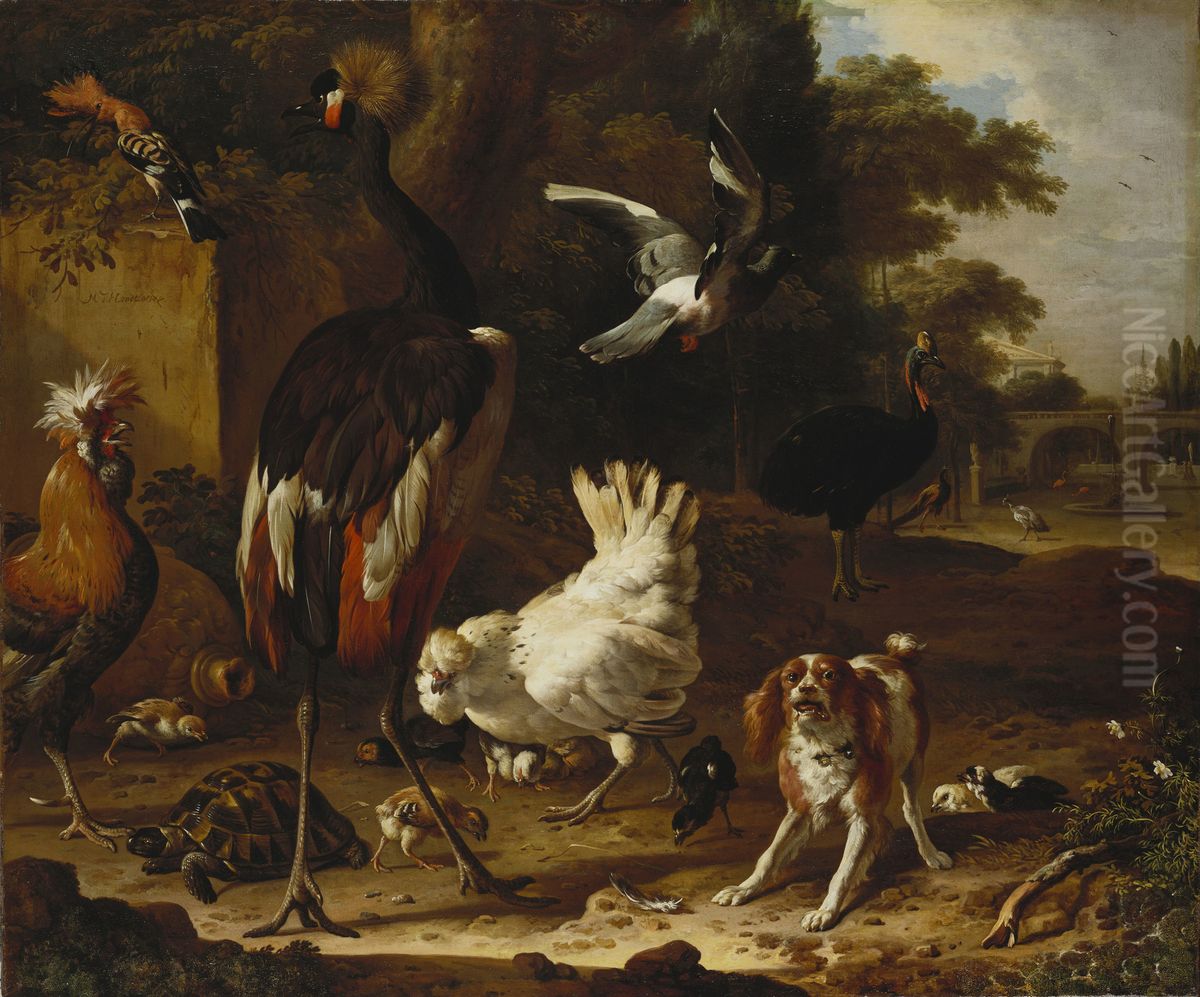 Birds and a Spaniel in a Garden Oil Painting by Melchior D'Hondecoeter