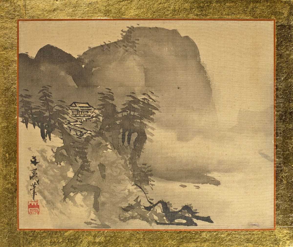 A House on a Cliff with Mountains in the Background Oil Painting by Tani Buncho