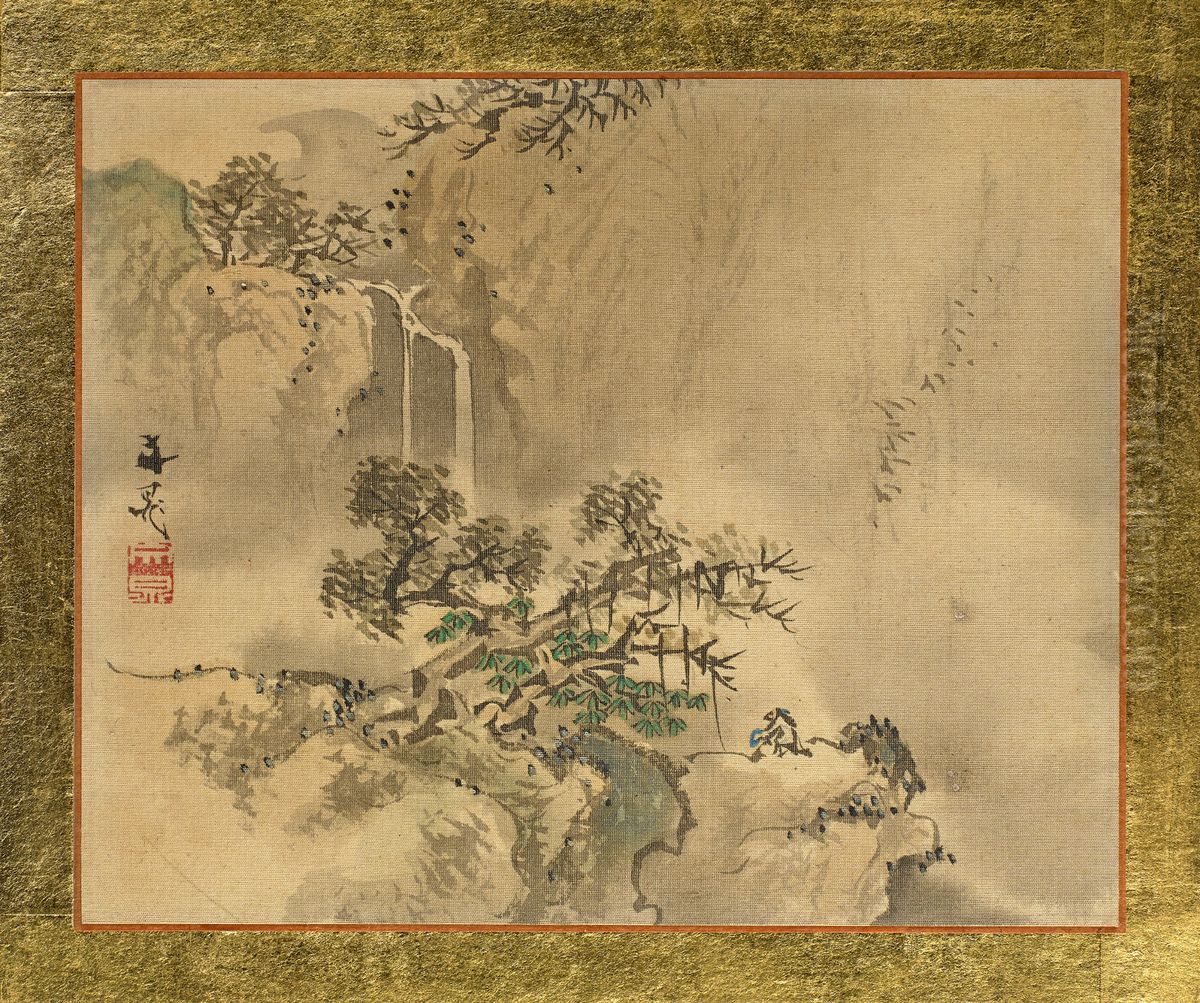A Man taking a Rest under a Big Pine Tree Oil Painting by Tani Buncho