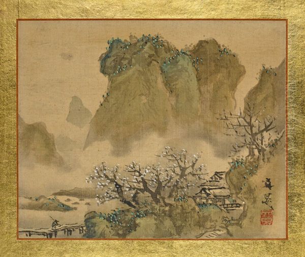 A Country House in a Valley with a Blossoming Plum Tree Oil Painting by Tani Buncho