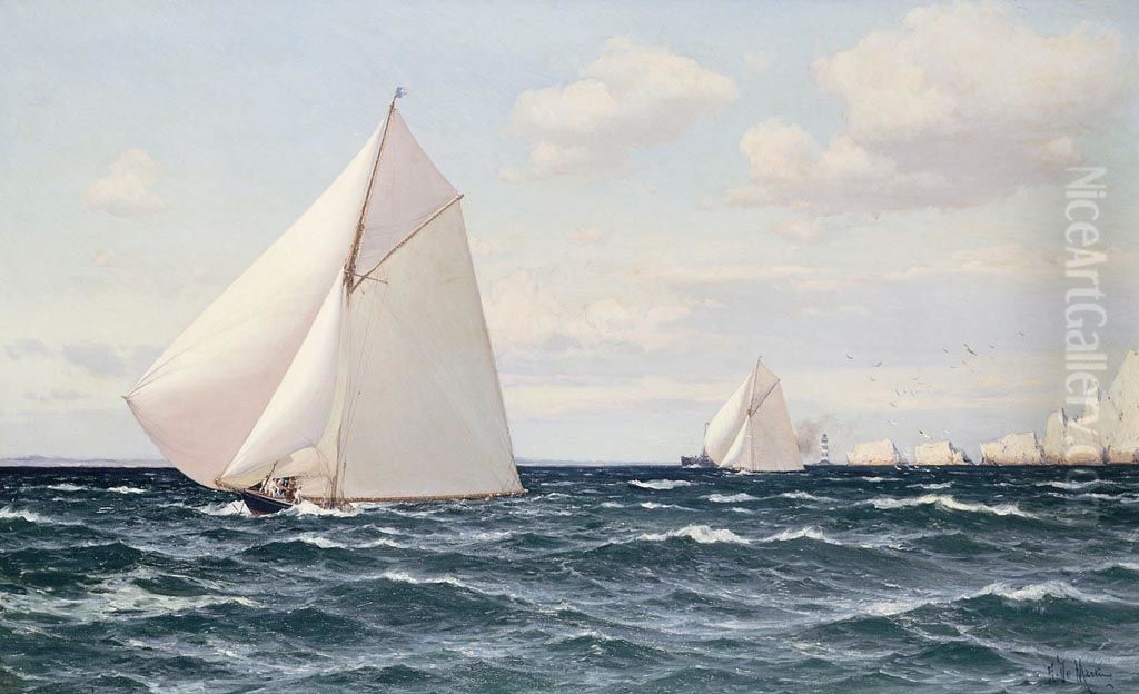 The Yachts 'Britannia' and 'Ailsa' off the Needles, Isle of Wight Oil Painting by Eduardo de Martino