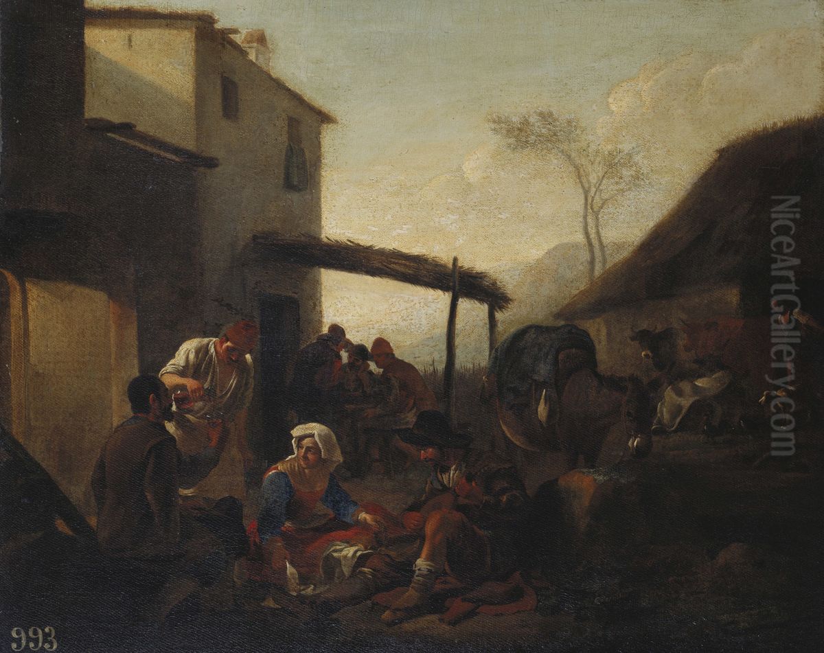 Italian Peasants outside a Tavern Oil Painting by Jan Miel