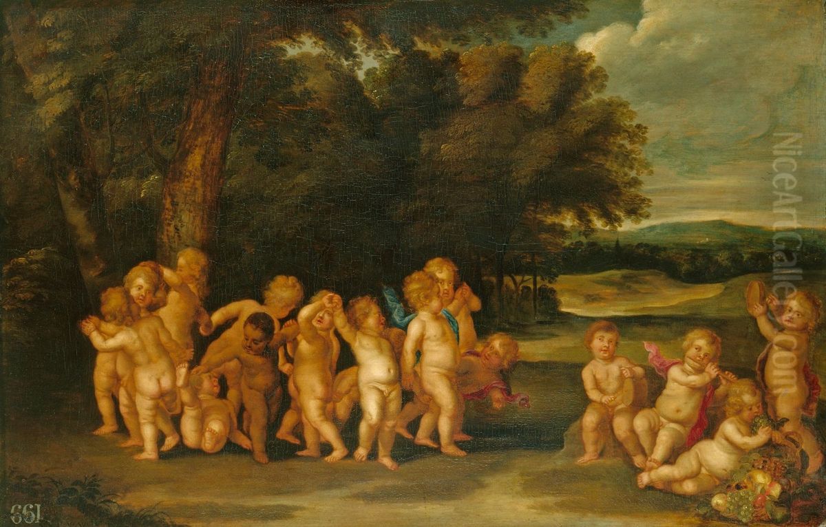 Putti Dancing in a Landscape Oil Painting by Pieter Van Avont