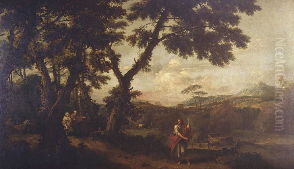 Wooded Landscape with the Meeting of Isaac and Rebecca Oil Painting by Francesco Zuccarelli