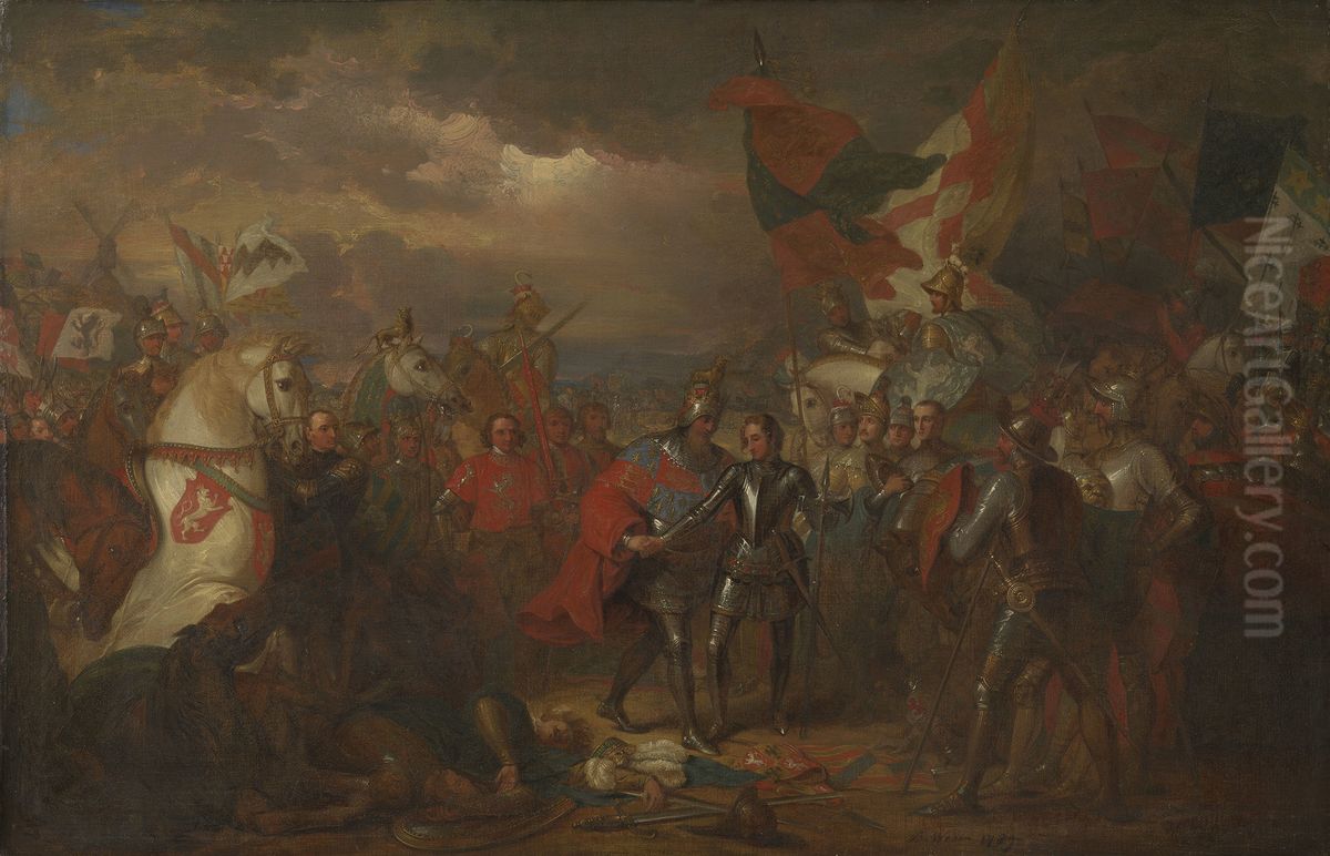 Edward III (1312-1377) with the Black Prince (1330-1376) after the Battle of Crecy (1346) Oil Painting by Benjamin West