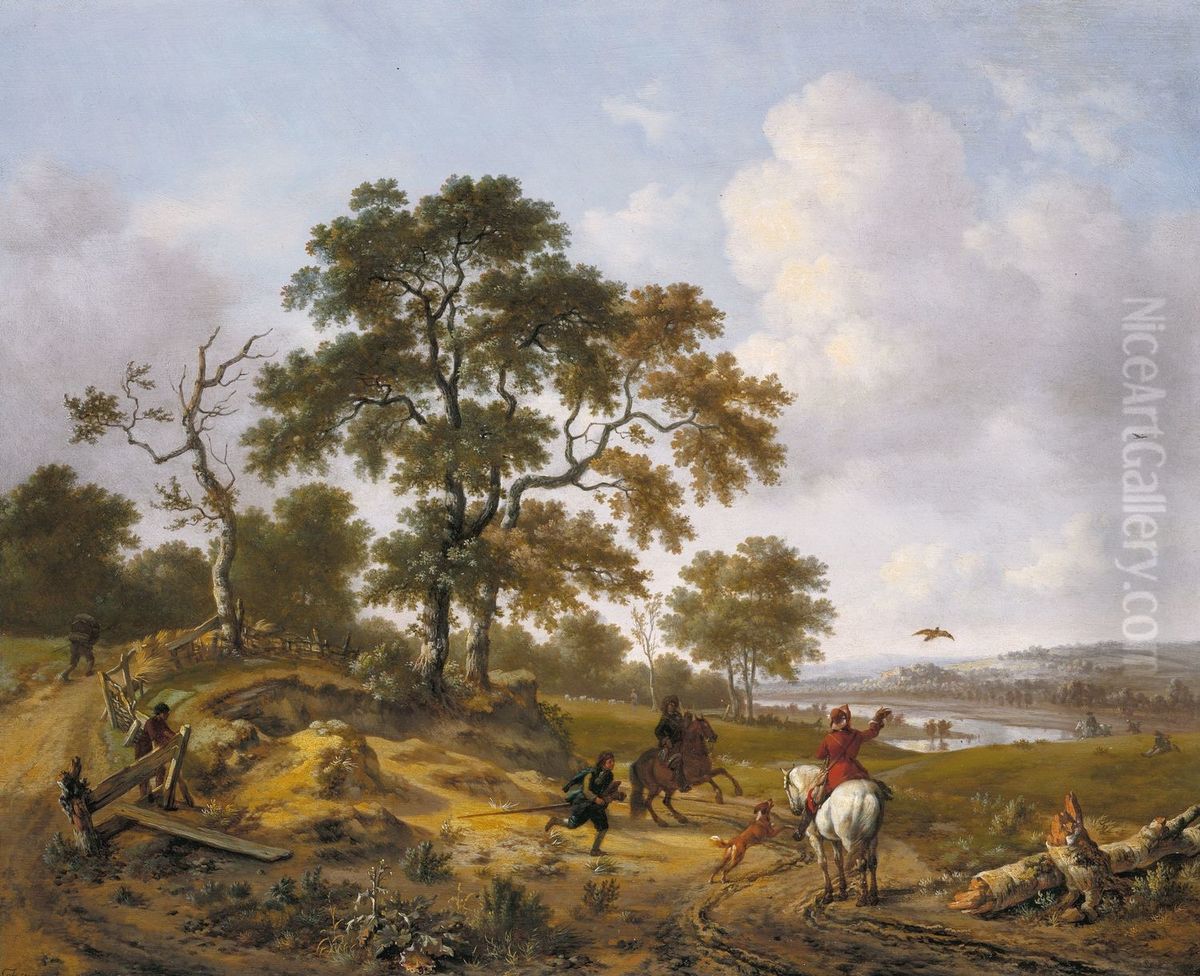 A Hilly Landscape with a Hawking Party Oil Painting by Jan Wijnants