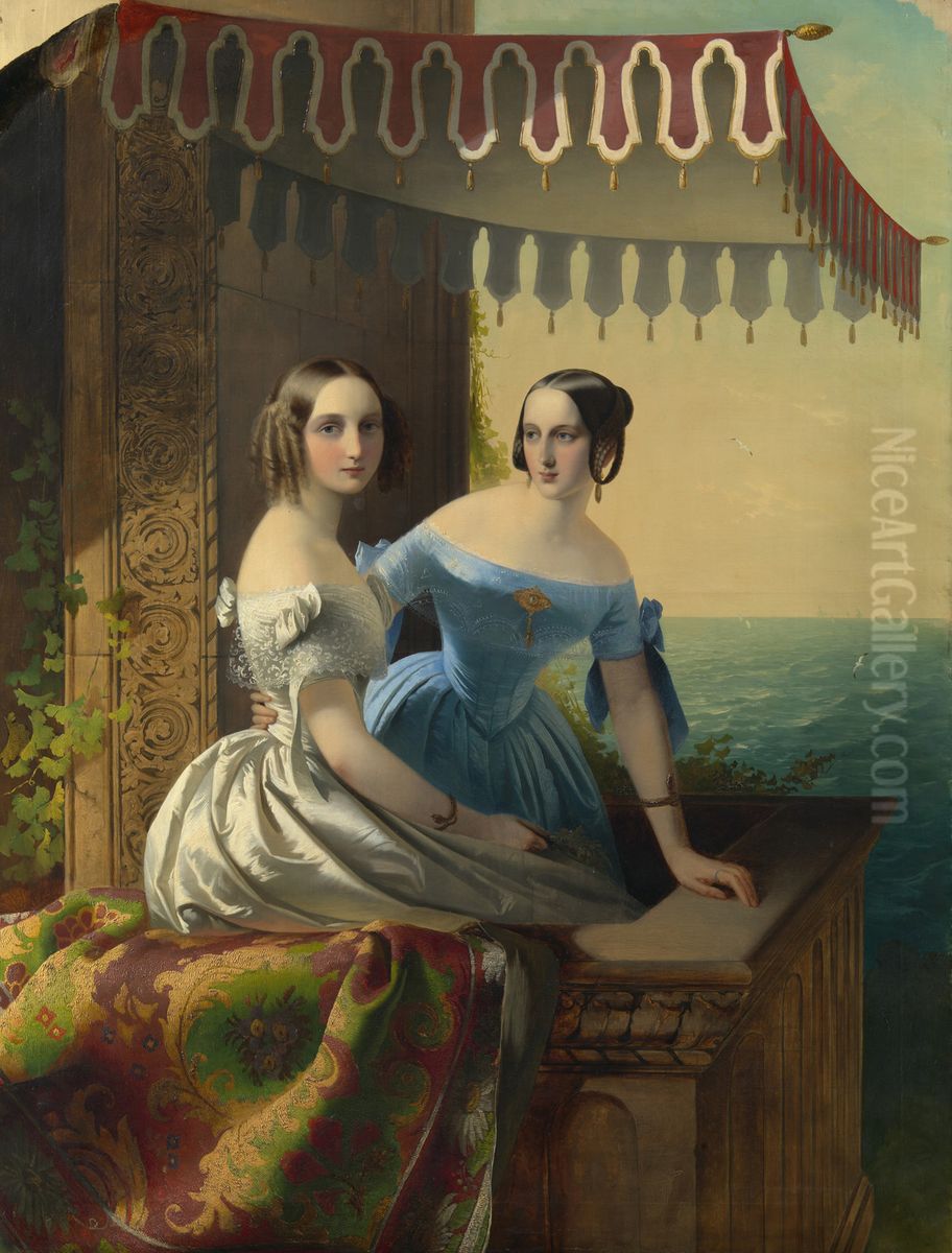 The Grand Duchesses Maria (1819-1876), afterwards Princess of Leuchtenberg, and Olga (1822-1892), afterwards Queen of Wurtemberg, daughters of Nicholas I, Emperor of Russia Oil Painting by Carl Timoleon von Neff
