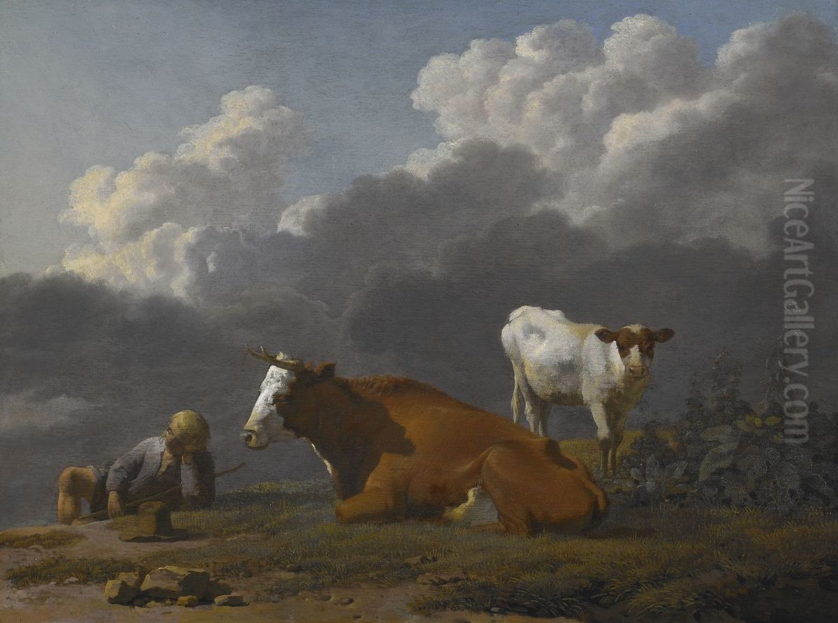 A Shepherd Boy Asleep with a Cow and its Calf Oil Painting by Karel Dujardin A Shepherd Boy Asleep with a Cow and its Calf Oil Painting by Karel Dujardin