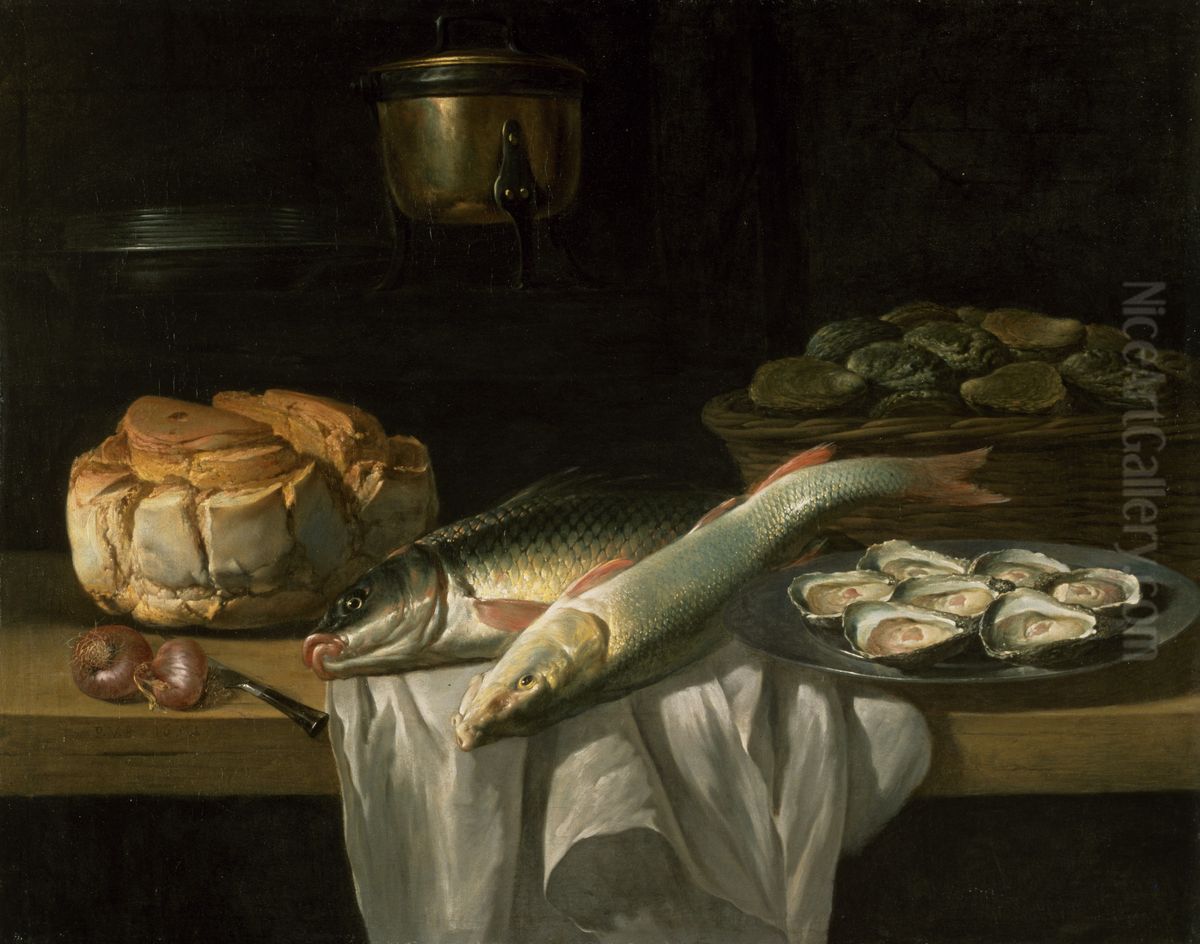 Stilleven met brood vissen en oesters Oil Painting by Peter van Boucle