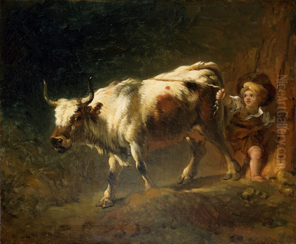 Boy Attempting to Restrain a Cow by a Rope Oil Painting by Jean-Honore Fragonard