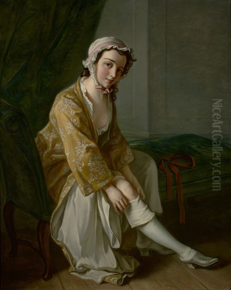 A Young Woman Pulling on Her Stocking Oil Painting by Philippe Mercier