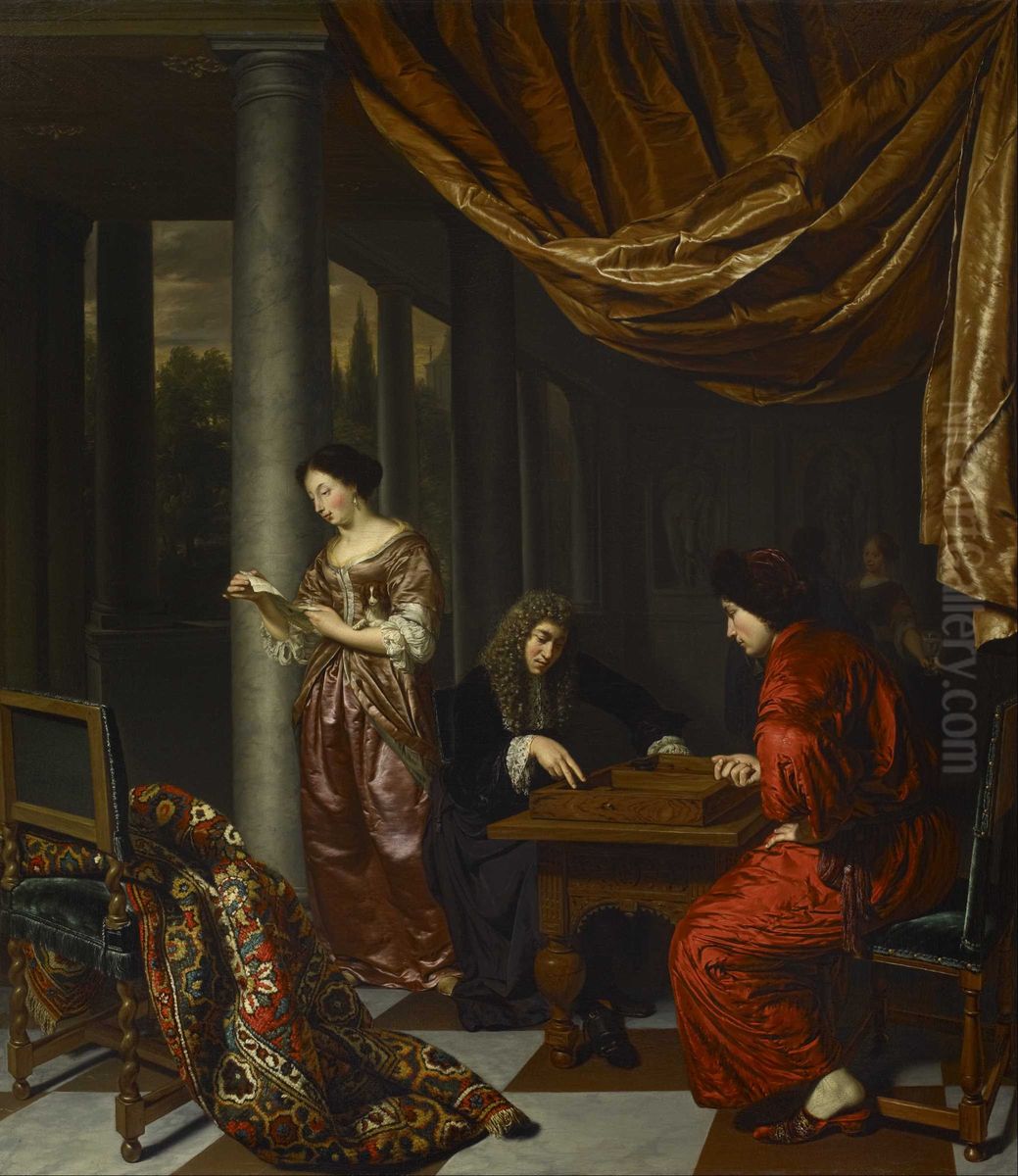 Interior with Figures Playing Tric-trac Oil Painting by Frans van Mieris