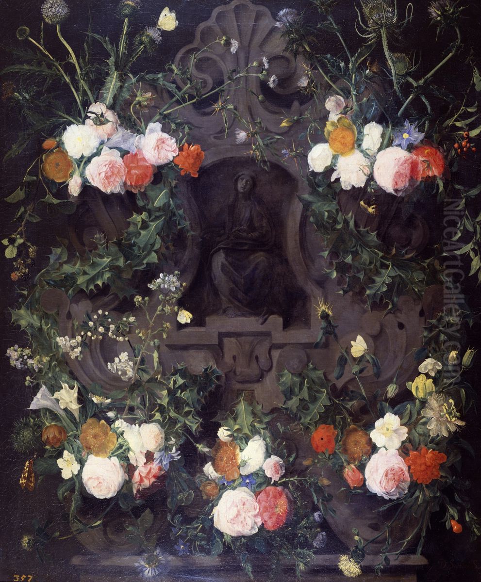 A Garland of Flowers on a Carved Stone Medallion Oil Painting by Daniel Seghers