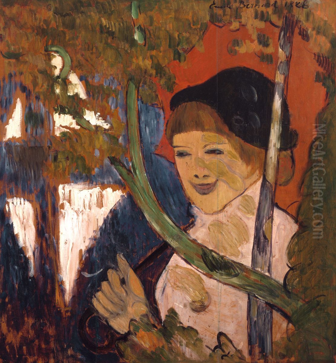 Breton Girl with a Red Umbrella Oil Painting by Emile Bernard