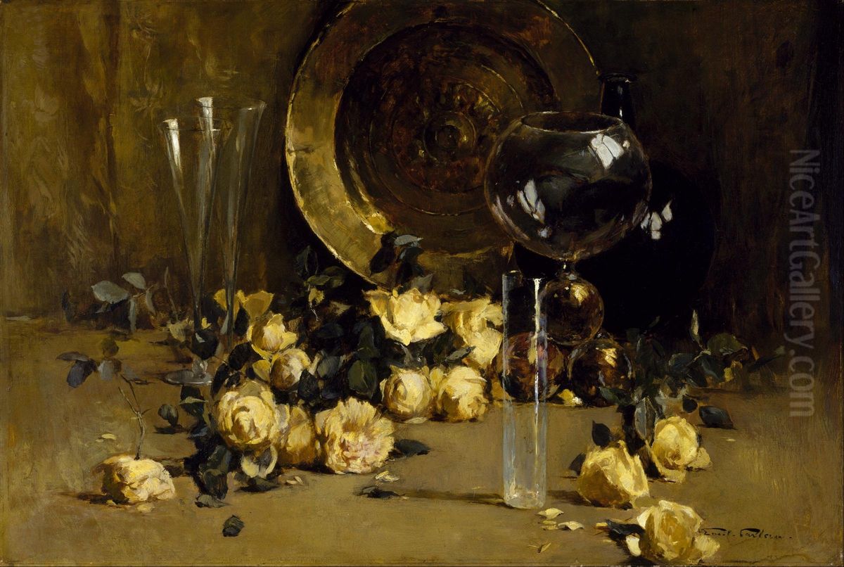 Still Life with Yellow Roses Oil Painting by Emil Carlsen