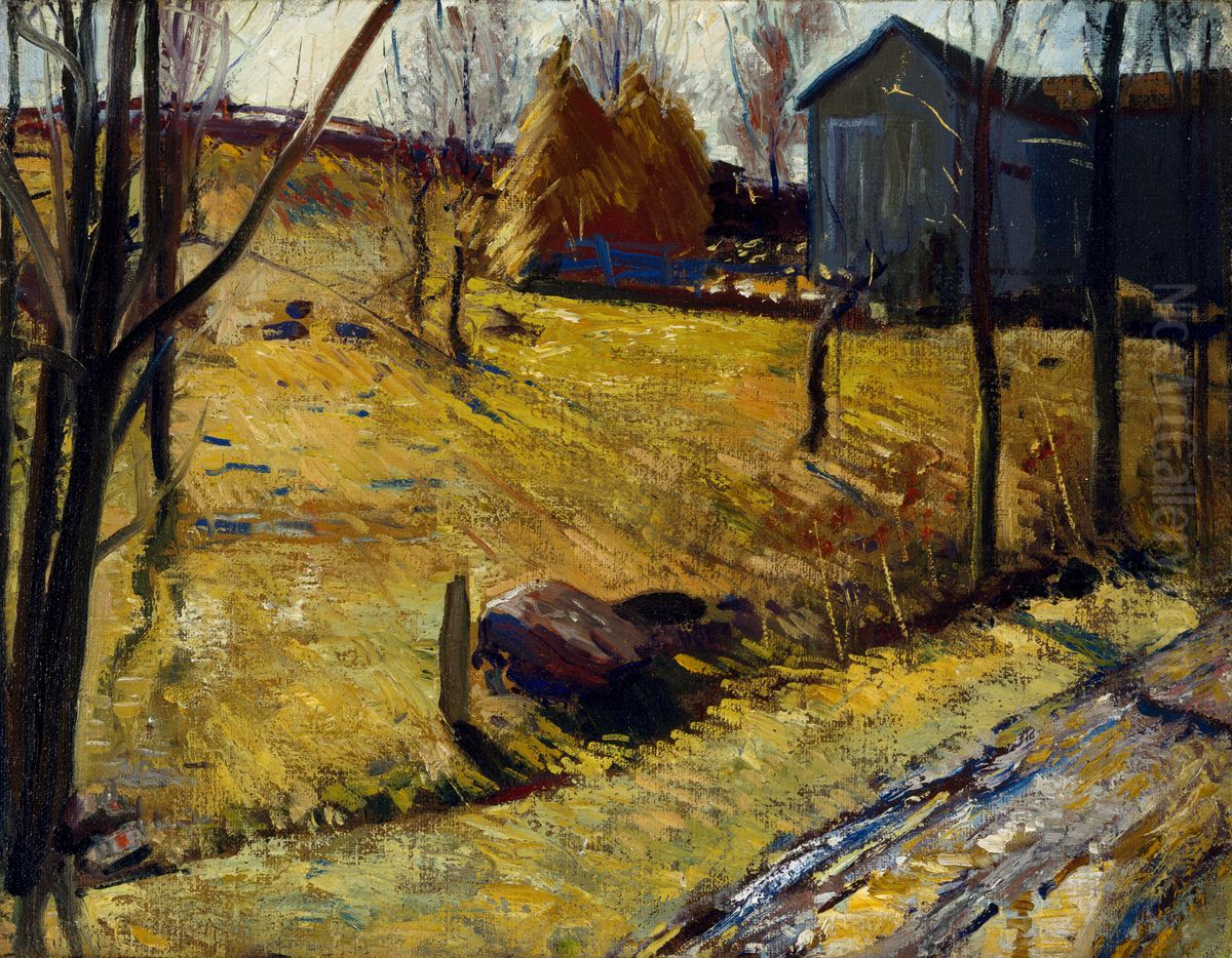 Haystacks and Barn Oil Painting by George Wesley Bellows