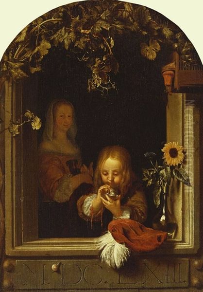 A Boy at a Ledge Blowing Bubbles Oil Painting by Frans van Mieris